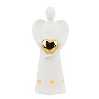 QMV2366-7-M | Luminária Anjo Resina Branco Segurando Coração Dourado 14.5cm