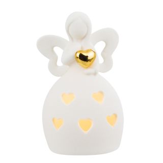 QMV239-3-M | Luminária Anjo Resina Branco Segurando Coração Dourado 11cm