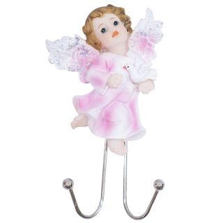 ALJ25C648-E | Ganchos Anjinho Roupa Rosa Segurando Pomba 14cm - Enfeite Resina