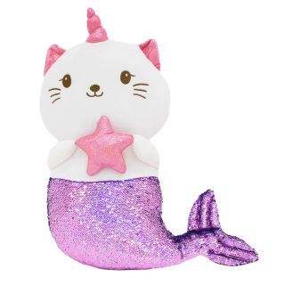 Sereia De Gato Rosa Chifre Lantejoulas Rosa Colorido 54cm - Pelúcia