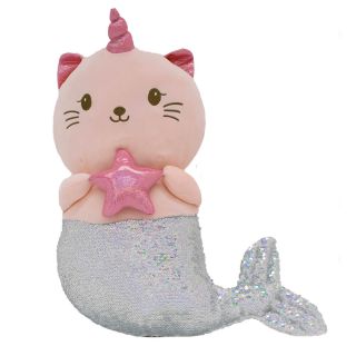 Sereia De Gato Rosa Chifre Lantejoulas Rosa Prateado 54cm - Pelúcia