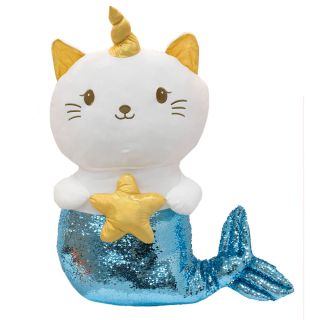 Sereia De Gato Branco Chifre Lantejoulas Azul Prateado 94cm - Pelúcia