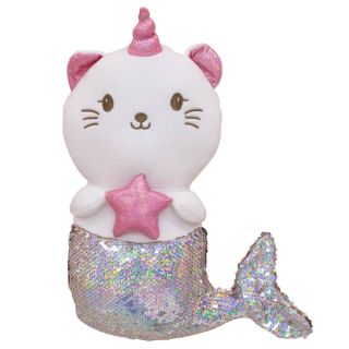 XT9159C-30-F | Sereia De Gato Branco Chifre Lantejoulas Marrom Prateado 35cm - Pelúcia