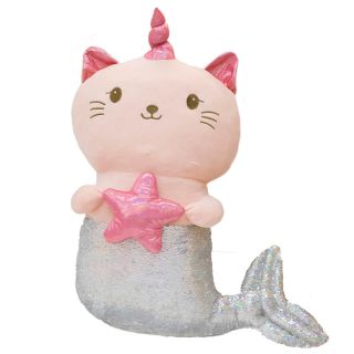 Sereia De Gato Rosa Chifre Lantejoulas Rosa Prateado 94cm - Pelúcia