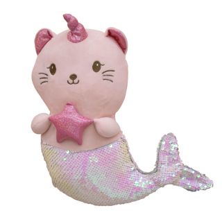XT9159A-30-F | Sereia De Gato Rosa Chifre Lantejoulas Rosa Prateado 35cm - Pelúcia
