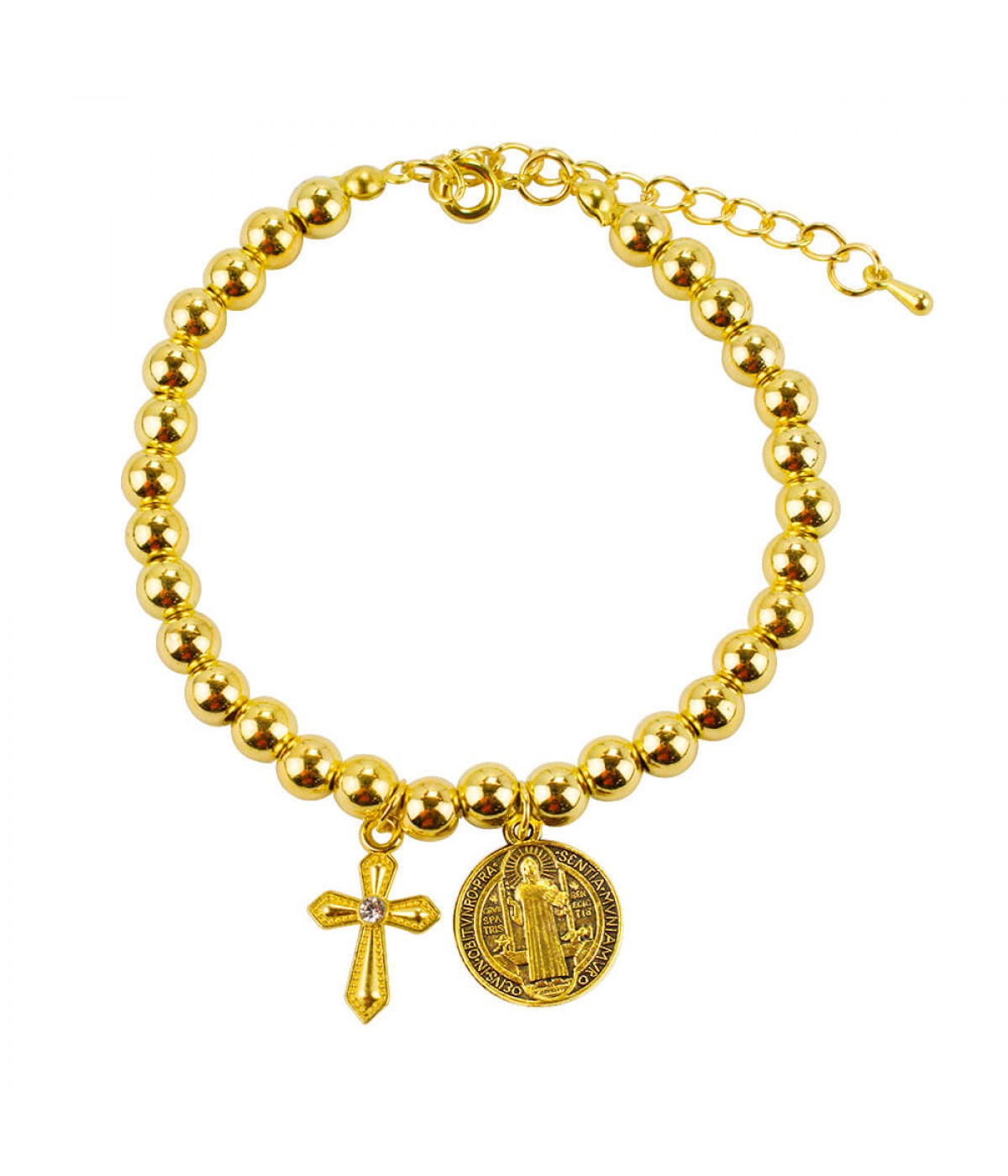 Pulseira Terço Contas Douradas 0.7cm Medalhão São Bento Crucifixo 6cm
